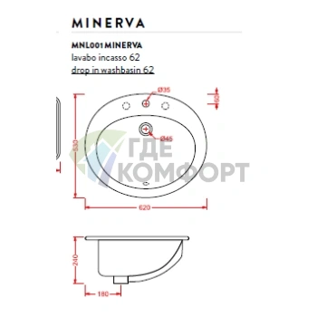 Раковина Artceram WASHBASINS MINERVA встраиваемая 62Х53 см С 1 отв под смесительитель цвет белый - фото 2