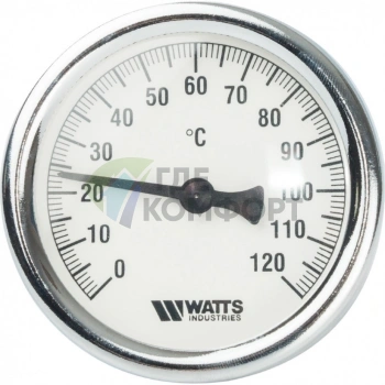 Термометр биметаллический 63 мм 1/2, 120 C с погружной гильзой 75 мм Watts F+R801 OR