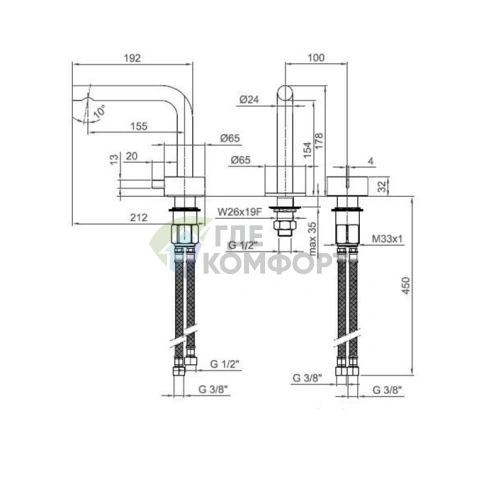 Смеситель для раковины Fantini AF/21 с двумя отверстиями, цвет Matt Copper PVD (27 P9 A104WF) - фото 2
