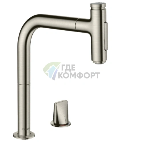 Кухонный смеситель Hansgrohe Metris M71 с выдвижным душем и поворотным изливом в цвете «под сталь» (73818800) - фото 1