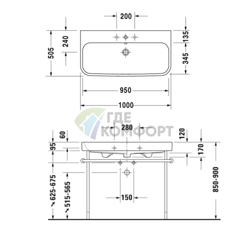 Раковина Duravit Happy D2 для мебели 1000x505 мм, белая, без отверстий, с заглушкой для перелива (2318100060) - фото 3