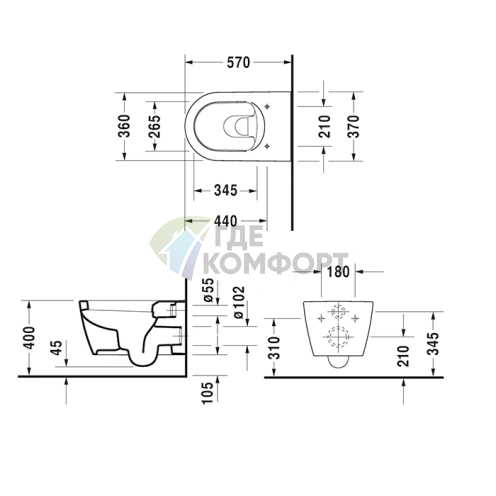Подвесной унитаз Duravit ME by Starck с вертикальным смывом и системой крепления Durafix (2528092600) - фото 2