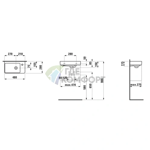 Раковина Laufen Pro S с полкой 480x280x85 мм, белая (LCC) (8.1595.4.400.104.1) - фото 2