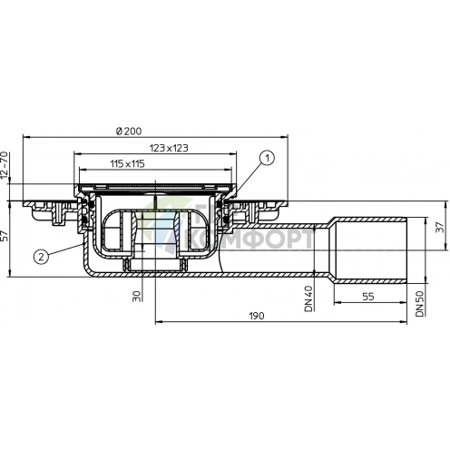 Трап HL90Pr с решеткой 115x115 мм-с сифоном Primus и горизонтальным выпуском DN40/50 - фото 3