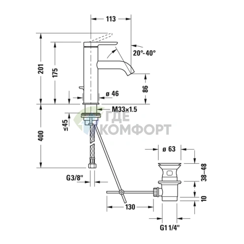 Смеситель для раковины Duravit C.1 однорычажный с донным клапаном, хром (C11020001010) - фото 2