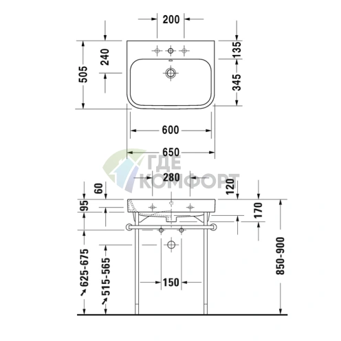 Раковина Duravit Happy D2 для мебели, белая, 650x505 мм, с отверстиями под смеситель (2318650030) - фото 2