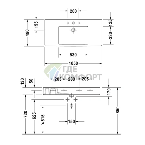 Раковина Duravit Vero для мебели без перелива, 1050x490 мм, белая (329100044) - фото 4