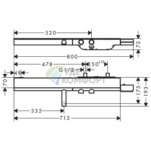 Настенный термостат для ванны AX Showers с полкой, 713х70 мм, 2 розетки, хром (45420000) - фото 2