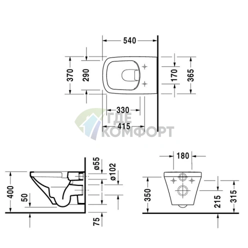 Подвесной унитаз Duravit DuraStyle Rimless без ободка с вертикальным смывом 4.5 л (2538090001) - фото 2
