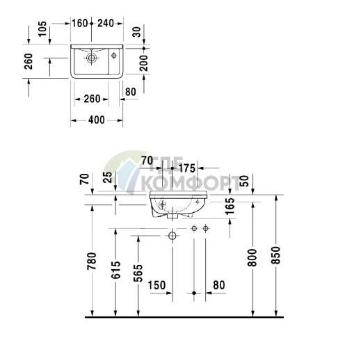 Раковина Duravit Starck 3 400x260 мм, белая, с переливом и правым креплением для смесителя (751400000) - фото 4