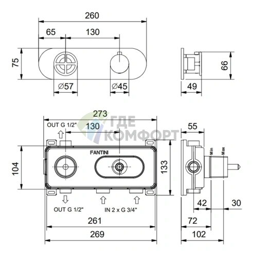 Термостатический смеситель Fantini Fontane Bianche в цвете Matt Gun Metal (47 P5 P372B) - фото 2