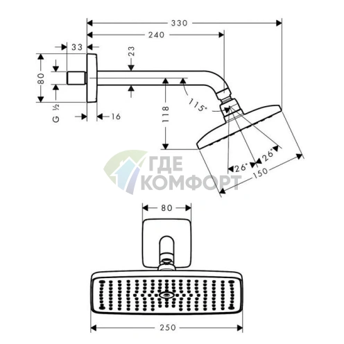 Верхний душ HG Raindance E RainAir 250x150 мм с держателем, хром (27370000) - фото 2