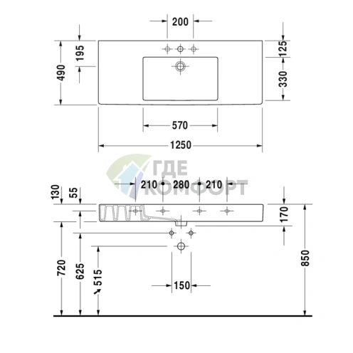 Раковина Duravit Vero для мебели без перелива, с отверстием под смеситель, 1250x490 мм, белый (329120041) - фото 4