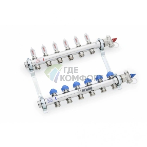 Коллекторная группа REHAU HKV-D на 6 выходов (РЕХАУ - 12080611002)1x3/4ЕК из нержавеющей стали с регулирующими и термостатическими вентилями и расходомерами - фото 2