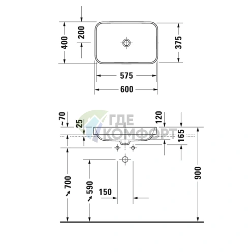 Раковина Duravit Happy D2 Plus 600x400 мм без перелива с керамической крышкой WonderGliss (23596000001) - фото 5