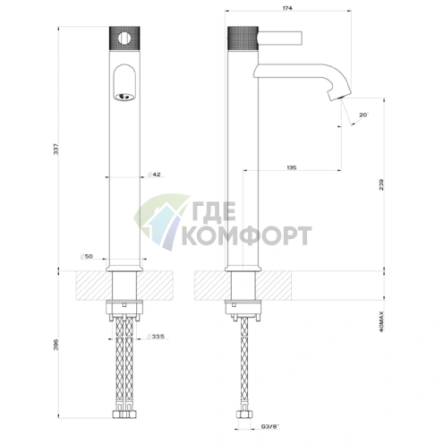Смеситель GESSI INCOSO для раковины, высокий 337 мм, цвет Nero XL (58004#299) - фото 2