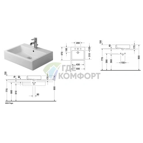 Раковина Duravit Vero 500x470 белая: шлифованная, без перелива, с креплением (452500041) - фото 2