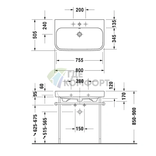 Раковина Duravit Happy D2 для встраивания в мебель, шлифованная, белая, 800x505 мм (2318800027) - фото 2