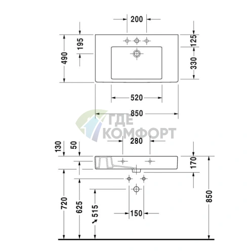 Раковина Duravit Vero для мебели, белая, 850x490 мм, с переливом и отверстием под смеситель (329850000) - фото 4