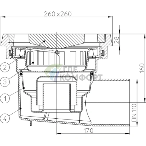Трап HL605.1W с решеткой 226x226 мм-с грязеуловителем и горизонтальным выпуском DN110 - фото 3