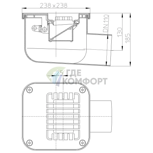 Трап HL681 с решёткой 230x230 мм-с обратным клапаном-незамерзающим запахозапирающим устройством и горизонтальным выпуском - фото 3
