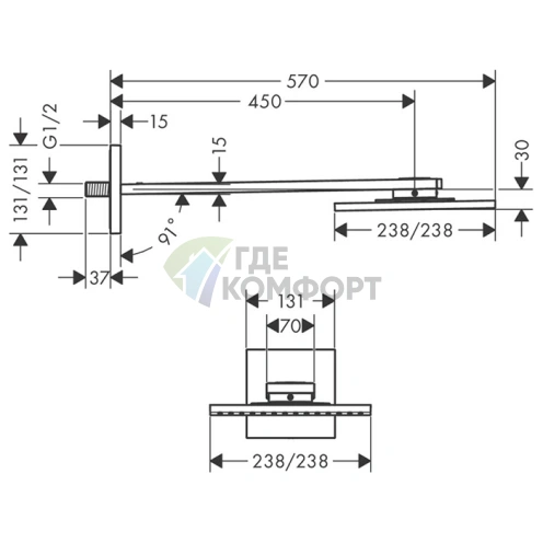 Верхний душ AX ShowerSolution 250x250 мм, 1 струя, с держателем 450 мм (хром) (35306000) - фото 2