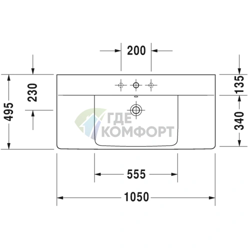 Раковина Duravit P3 Comforts для мебели 1050x500 мм, белая, с отверстием под смеситель (2332100000) - фото 2