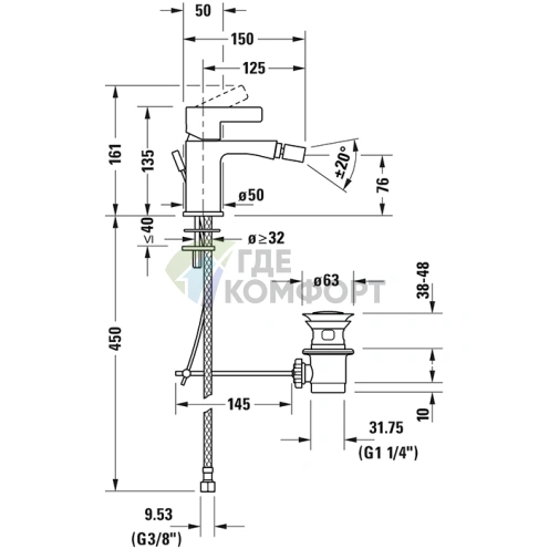 Смеситель для биде Duravit D-Neo: 1 отверстие, донный клапан, хром (DE2400001010) - фото 2