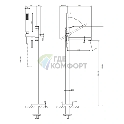 Напольный смеситель для ванны Gessi Rettangolo с ручным душем, цвет Black XL (53129#299) - фото 2