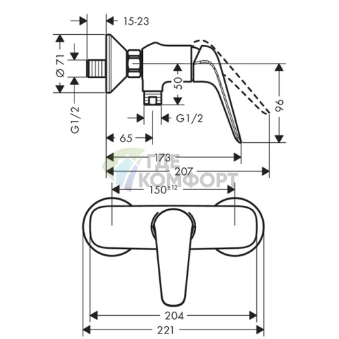 Настенный смеситель для душа Hansgrohe Novus в хроме (71060000) - фото 2