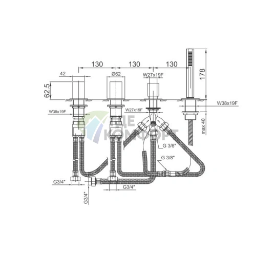 Смеситель для ванны Fantini Venezia с ручным душем, 2 входа/4 выхода, цвет Matt Copper PVD (29 P9 N467S) - фото 2
