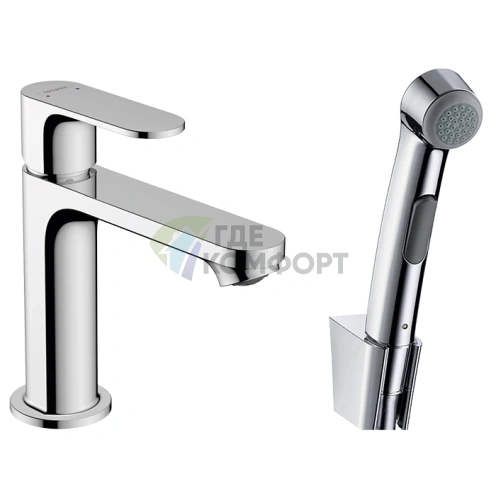Стильный смеситель Hansgrohe Rebris S 110 для раковины с гигиеническим душем в хроме (72215000) - фото 1