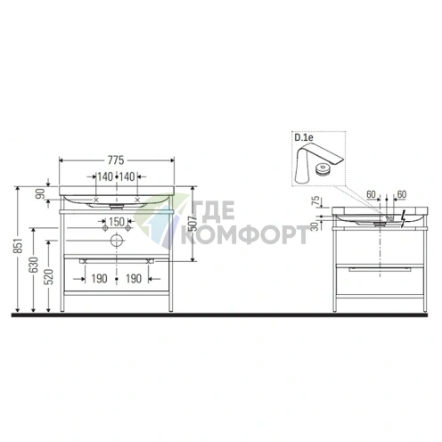 Консольная напольная раковина Duravit Happy D.2 Plus с ящиком, цвет орех брашированный (HP4742O6969) - фото 2