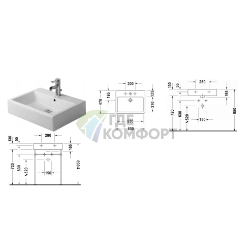 Раковина Duravit Vero 600x470 мм, белая, шлифованная, без перелива (454600079) - фото 2