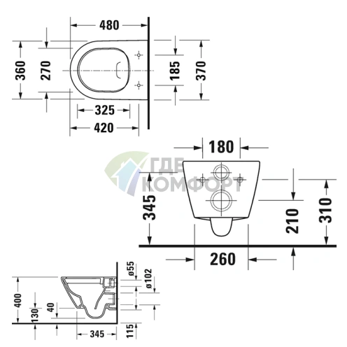 Подвесной унитаз Duravit D-Neo 370х480 мм безободковый с покрытием WonderGliss, белый (25870900001) - фото 2