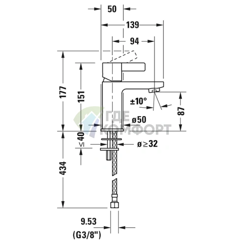 Смеситель для раковины Duravit D-Neo, хром, 1 отверстие, без донного клапана (DE1010002010) - фото 2
