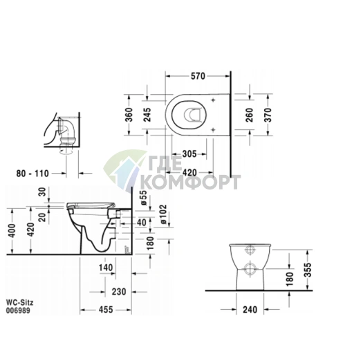Унитаз напольный пристенный Duravit Darling New с вертикальным смывом, 370x570 мм (2139090000) - фото 2