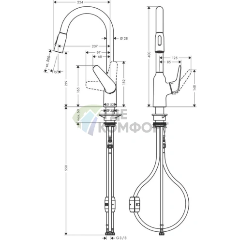 Кухонный смеситель Hansgrohe Focus M42 с вытяжным душем: однорычажный, поворотный излив, хром (71800000) - фото 2