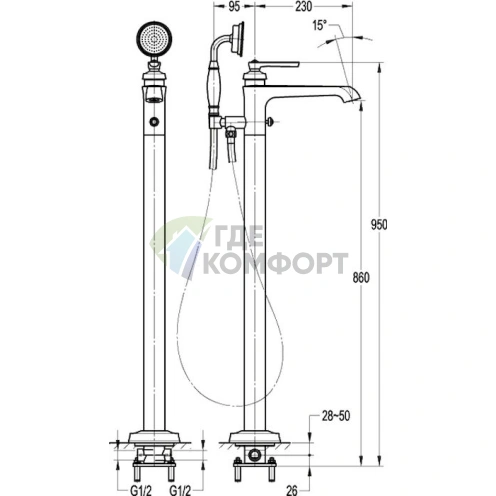 Стильный напольный смеситель Cezares Liberty F VDP 01 для ванной с высоким изливом - фото 4