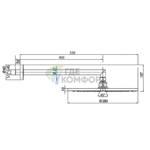 Верхний душ Bossini COSMO 280х280 мм с кронштейном 400 мм, хром (H69598I.030) - фото 2