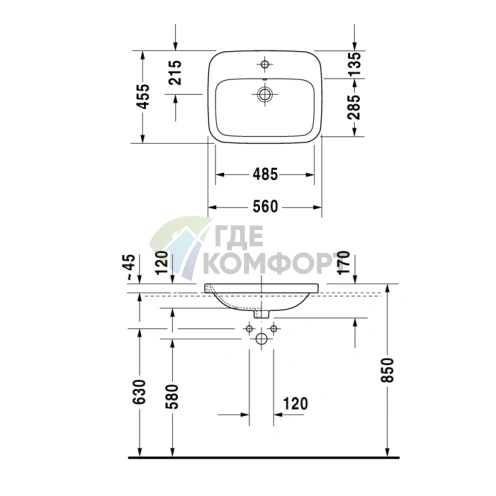 Раковина Duravit DuraStyle 560x455 мм: Встраиваемая сверху с переливом, белая, 1 отв. под смеситель (374560000) - фото 4