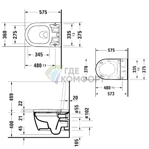 Унитаз подвесной Duravit ME by Starck Rimless с HygieneGlaze, белый, совместим с SensoWash (2510092000) - фото 2