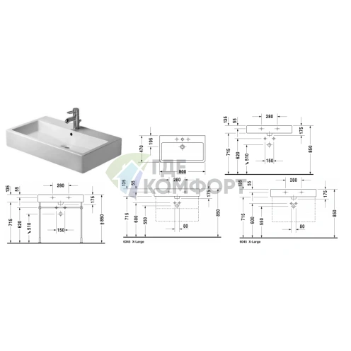 Раковина Duravit Vero Умывальник шлифованный с перел с 3 отв под смеситель включая крепление 800x470мм Цвет Черный - фото 2