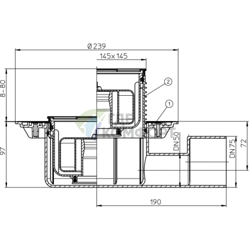 Трап HL5100Pr с решеткой 138x138 мм-сифоном Primus и горизонтальным выходом DN50/75 - фото 3