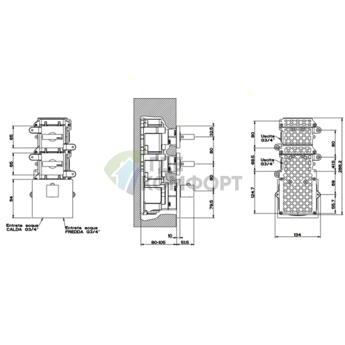 Встраиваемый термостат Gessi Rettangolo с подключением 3/4 и двумя независимыми выходами, хром (43214#031) - фото 2