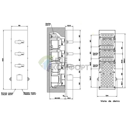 Встраиваемый термостат Gessi Rettangolo с подключением 3/4 и 3 выходами, хром (43026#031) - фото 2