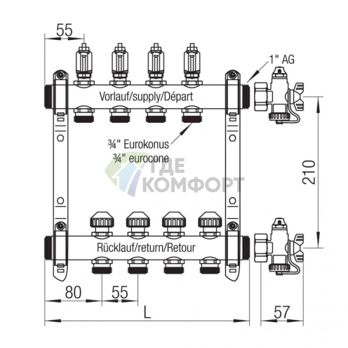 Коллекторная группа REHAU HKV-D на 4 выхода (РЕХАУ - 12080411002)1x3/4ЕК из нержавеющей стали с регулирующими и термостатическими вентилями и расходомерами - фото 4
