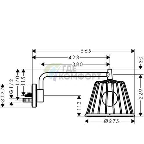 Верхний душ AX LampShower 1jet с держателем в цвете шлифованный черный хром (26031340) - фото 2