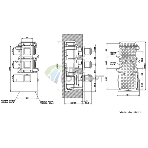 Встраиваемый термостат Gessi Eleganza для скрытого монтажа с подключением 3/4 и двумя выходами, хром (46224#031) - фото 2