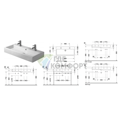 Раковина Duravit Vero для мебели без перелива, с 2 отверстиями под смеситель, 1000x470 мм, белая (454100043) - фото 2